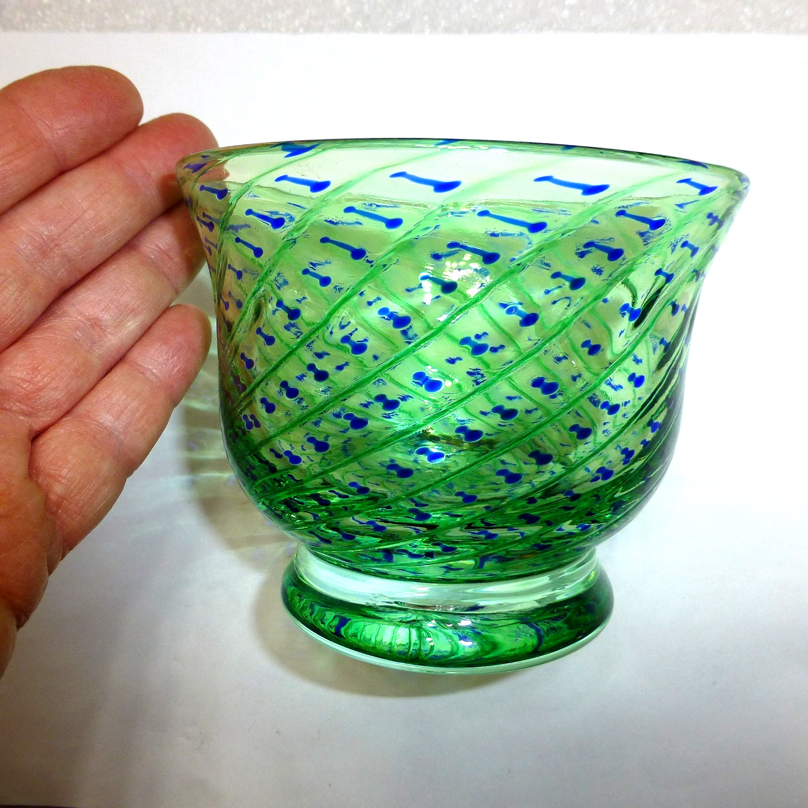 Vintage Zellique art glass bowl swirl blue green signed 1994