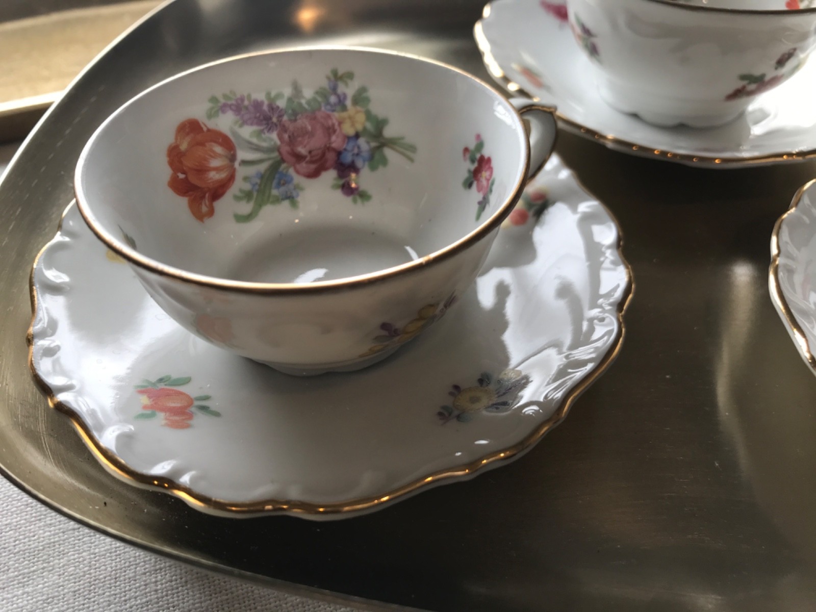 VTG Mitterteich Bavaria Meissen Floral Teacup & Saucer, Set of 4, Gold trim EUC
