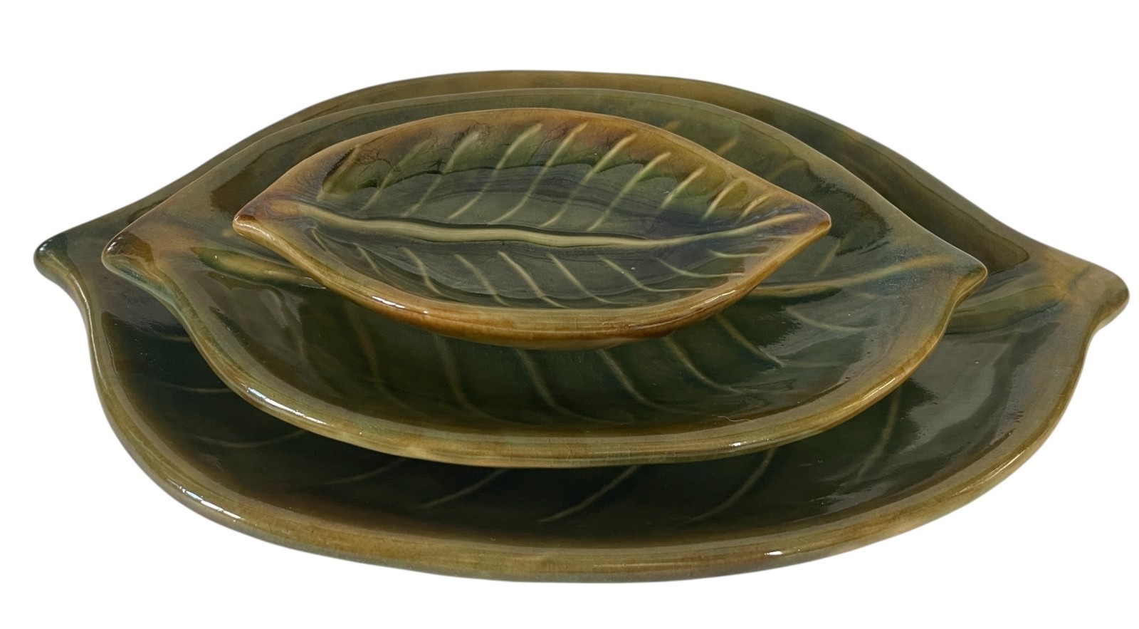 Pier 1 Stoneware Nesting Green Leaf Plate Set of 3 Vintage Serving Dishes Tiki
