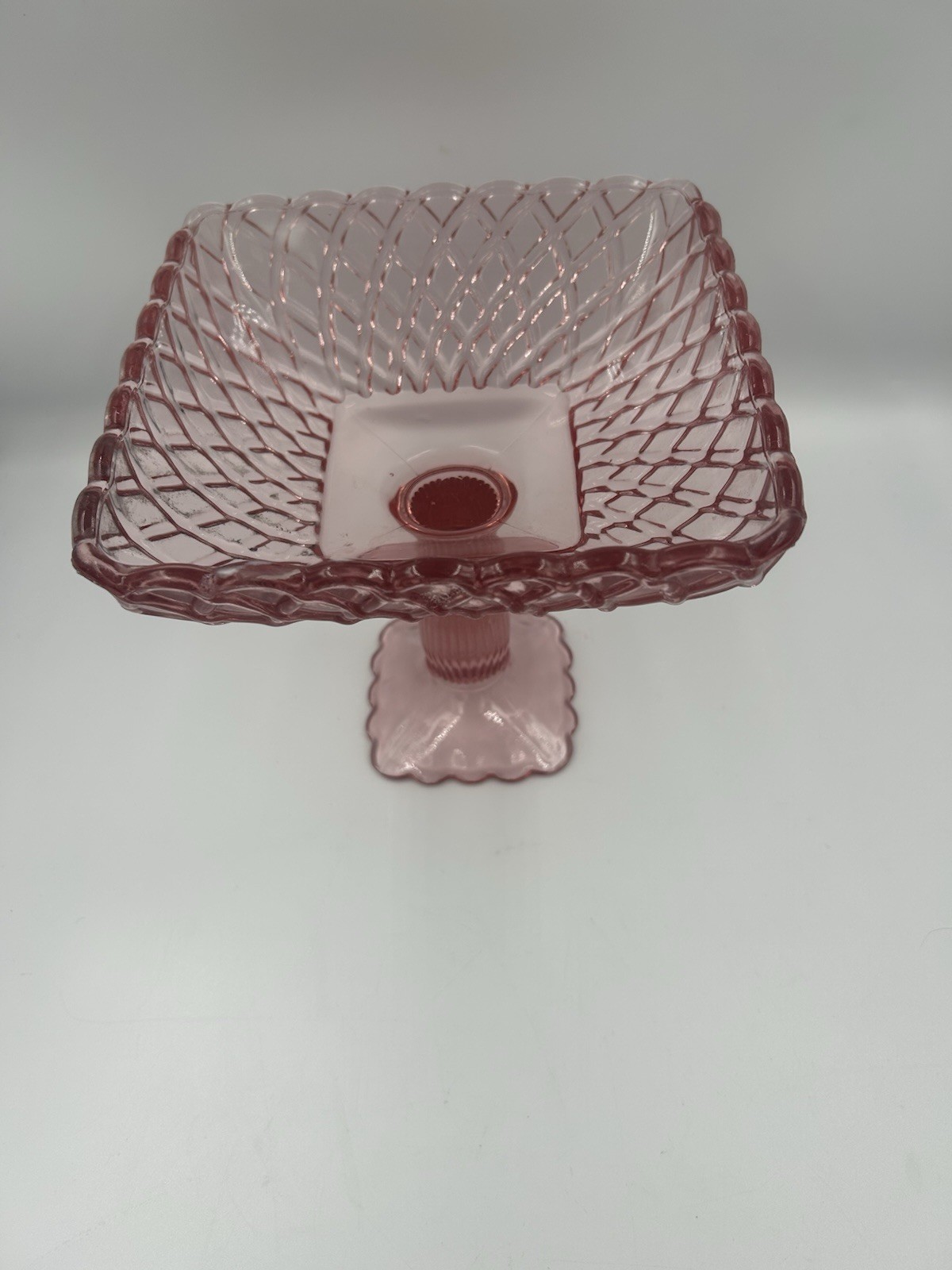 Pink Glass Square Pedestal Compote Dish, Diamond Pattern, 8 in x 8 in