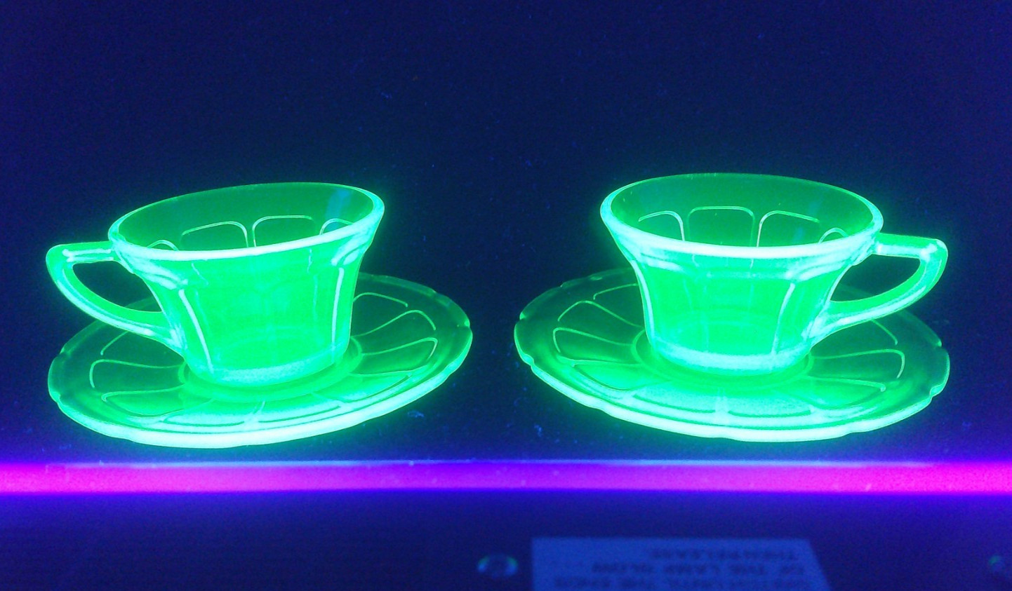 Uranium, Diamond Glass Co, Victory, Green, Cup & Saucer Sets, (2), c 1929, ExCd