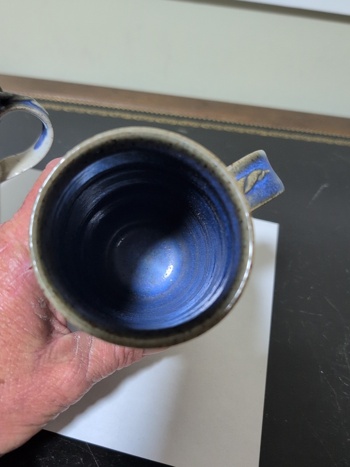 Studio Art Pottery Mugs Blue,Tan, Gray, Signed 1986 Glazed! Lot Of 2