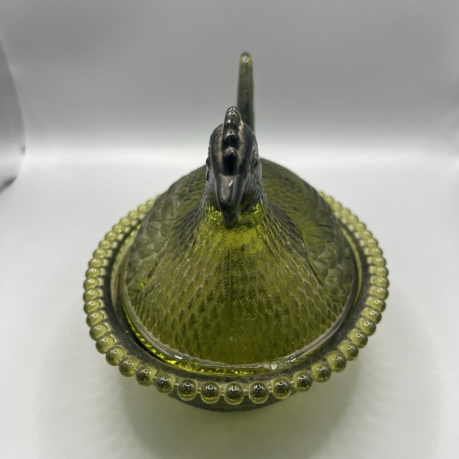 Vintage Indiana Olive Green Hen On Nest Glass Covered Candy Dish 7″
