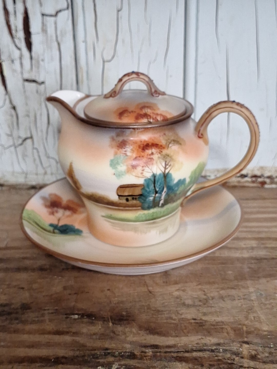 Antique Morimura Nippon Hand Painted Porcelain Creamer with lid, Saucer Moriage
