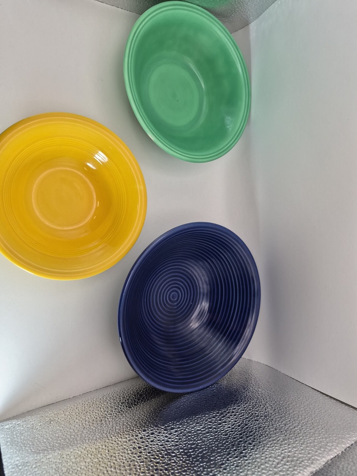 4 Vintage Ceramic Primary Stoneware Bowls Unmarked ~Cobalt Blue ~Green ~Yellow