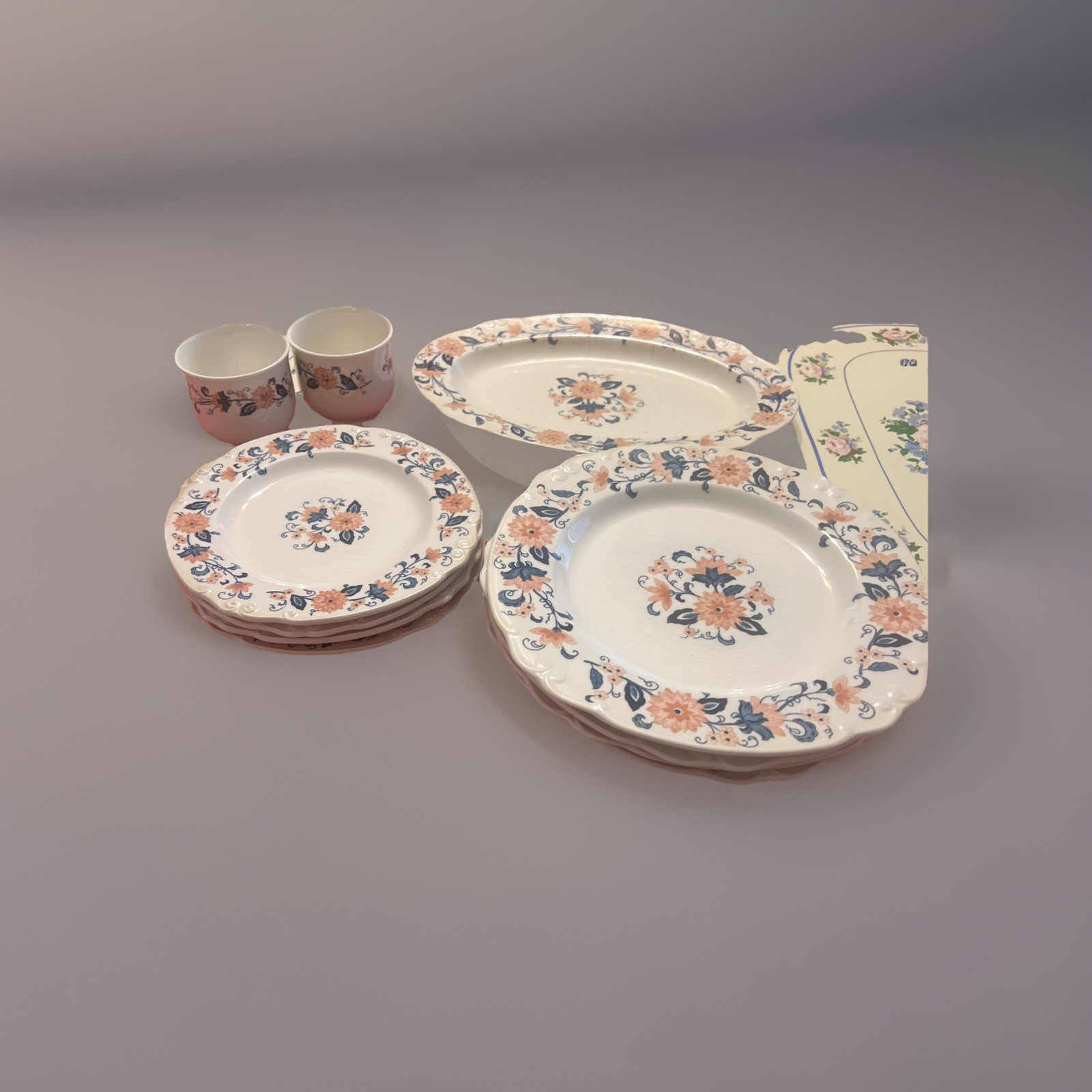 Vintage Nikko Japan Ironstone “Blue vineyard” Peach And Navy Floral Dinner 15 Pc