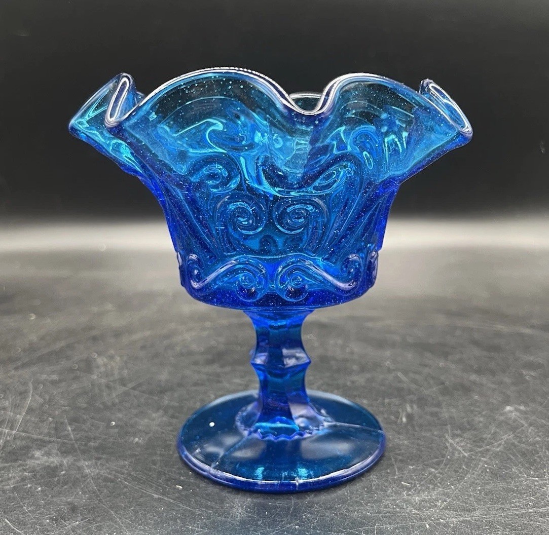Atterbury Compote Bowl Blue Scroll Pattern Ruffle Edge Vintage