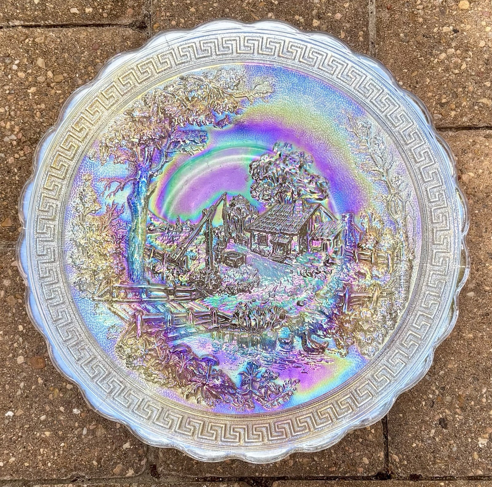 10 1/4” Dia. Pressed Carnival Glass Plate Imperial Homestead Iridescent
