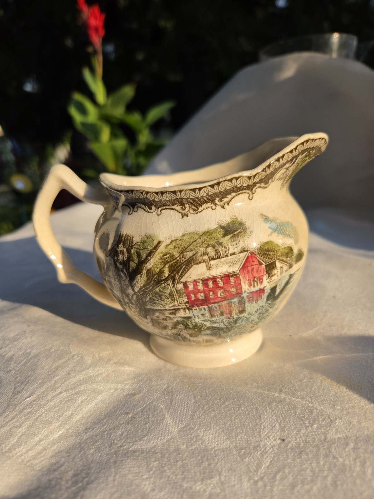 Johnson Friendly Village Creamer Pitcher Vintage With A Red Old Mill