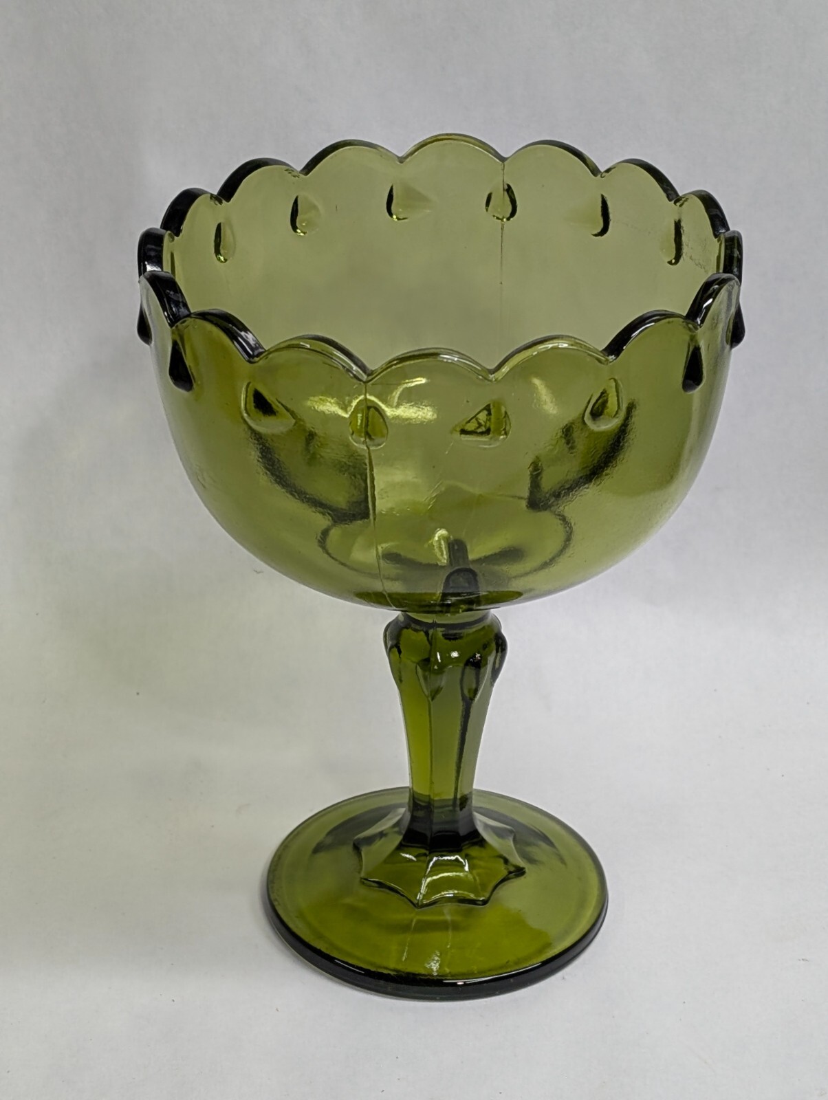 Vintage Indiana Glass Scalloped Olive Green Tear Drop Pedestal Compote Dish 7.5″