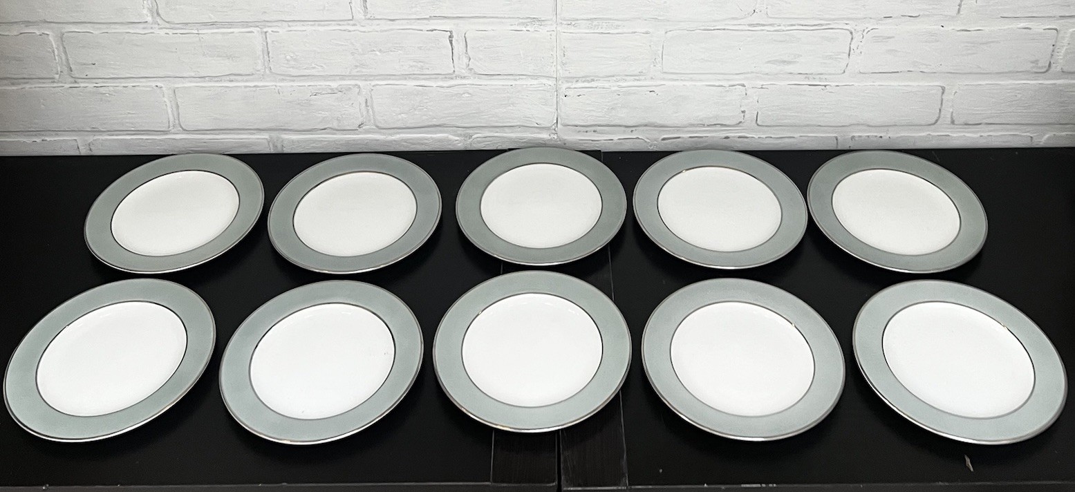 Vintage Sango Japan Sheffield Plates and Saucers Celadon Silver Rim- 22 Pc Lot