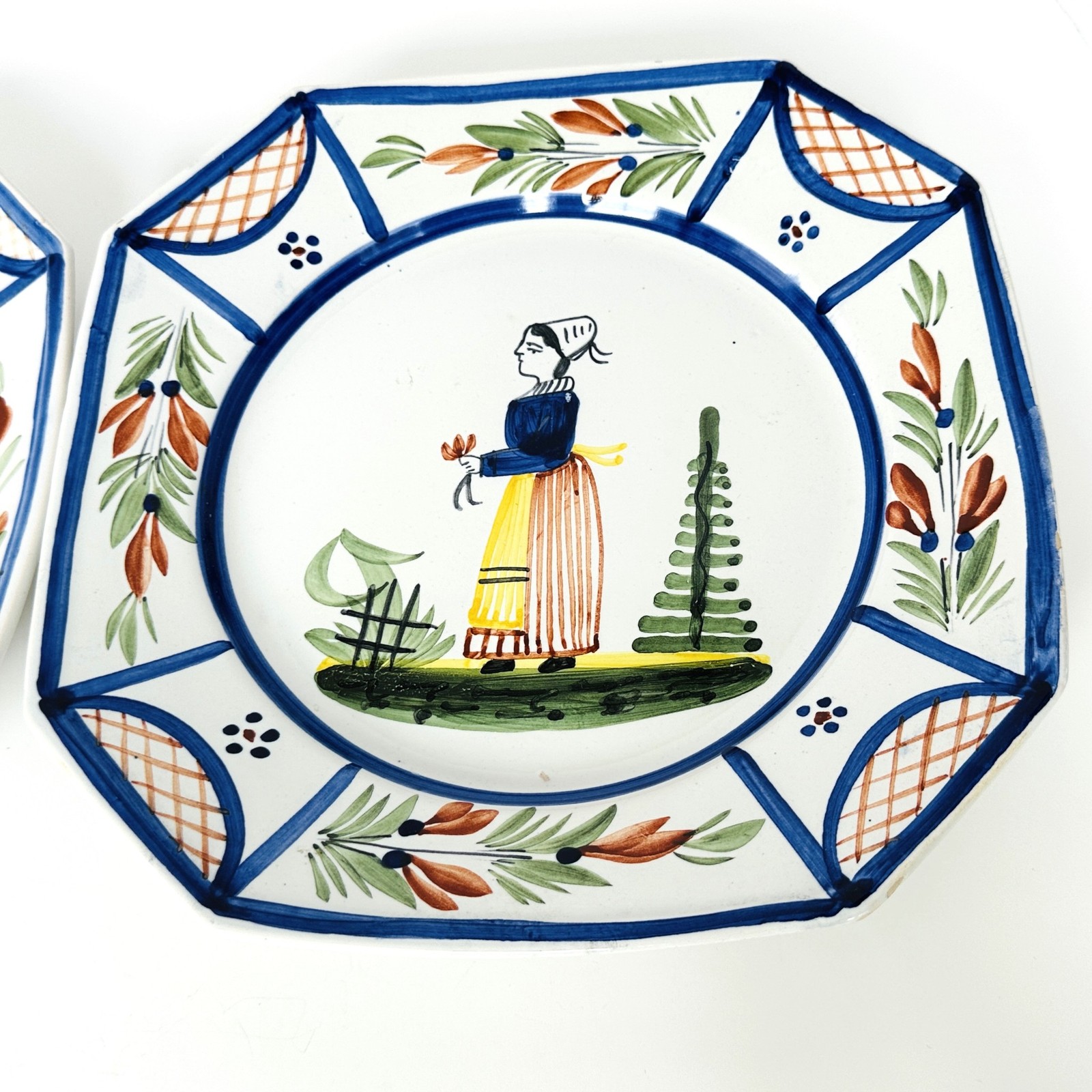 HB Quimper MISTRAL BLUE Matched Set 2 Octagonal Luncheon Plates 9.25″