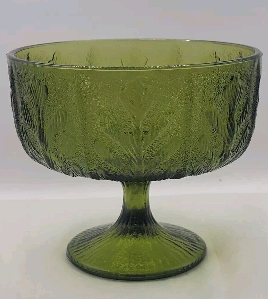 Vintage FTD Avacado Green Glass Footed Dish Oak Leaf Pattern