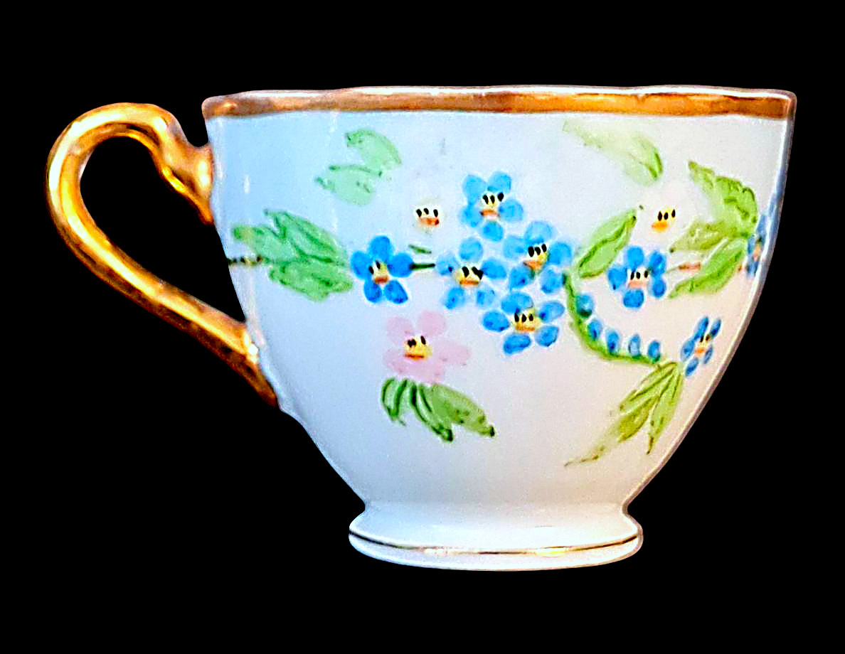 Vintage White Coffee Tea Cup & Saucer Blue Floral Hand-Painted by Ruth of Tucson