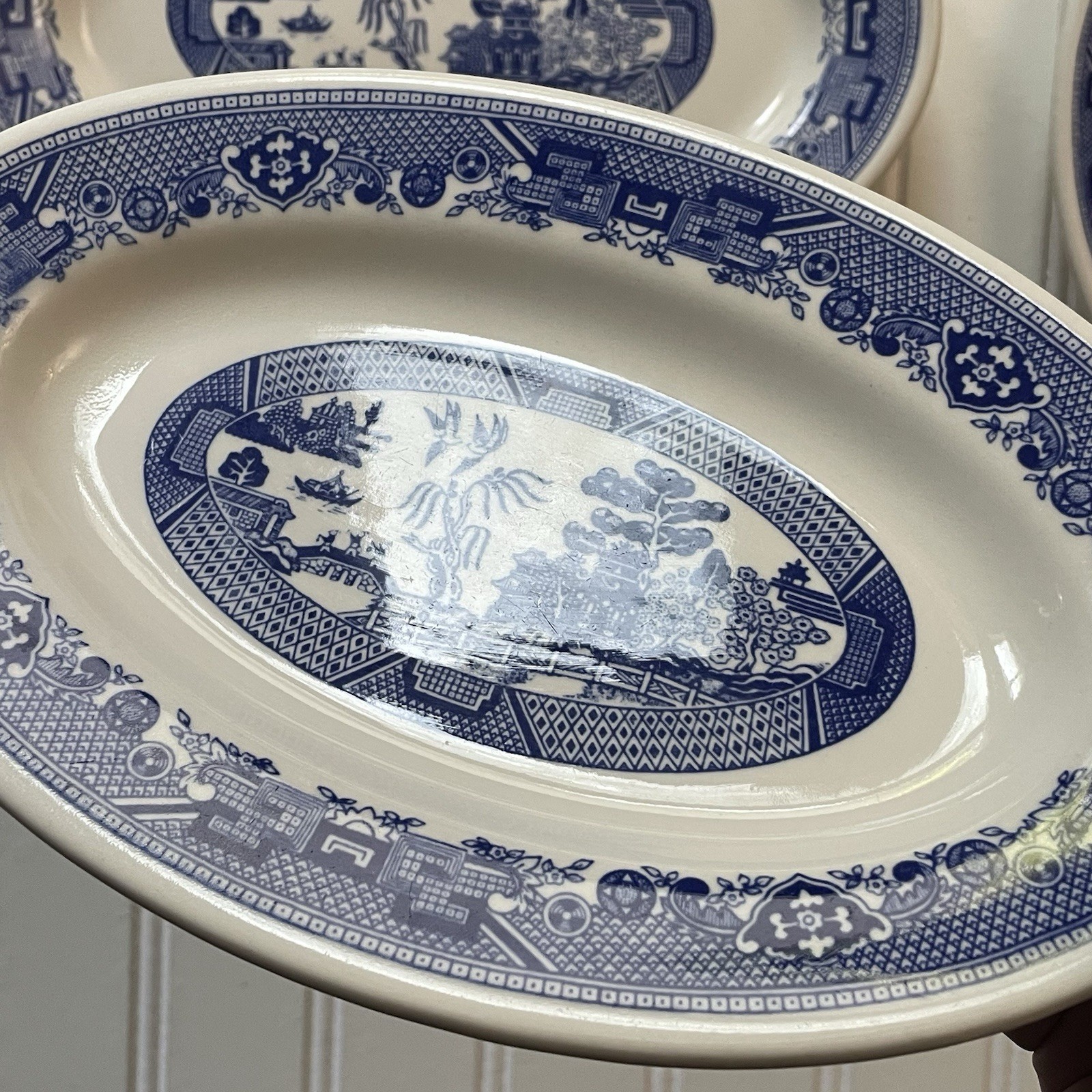 Vtg Buffalo China Blue Willow Restaurant Ware Oval Platter Set 3 Serving Plates