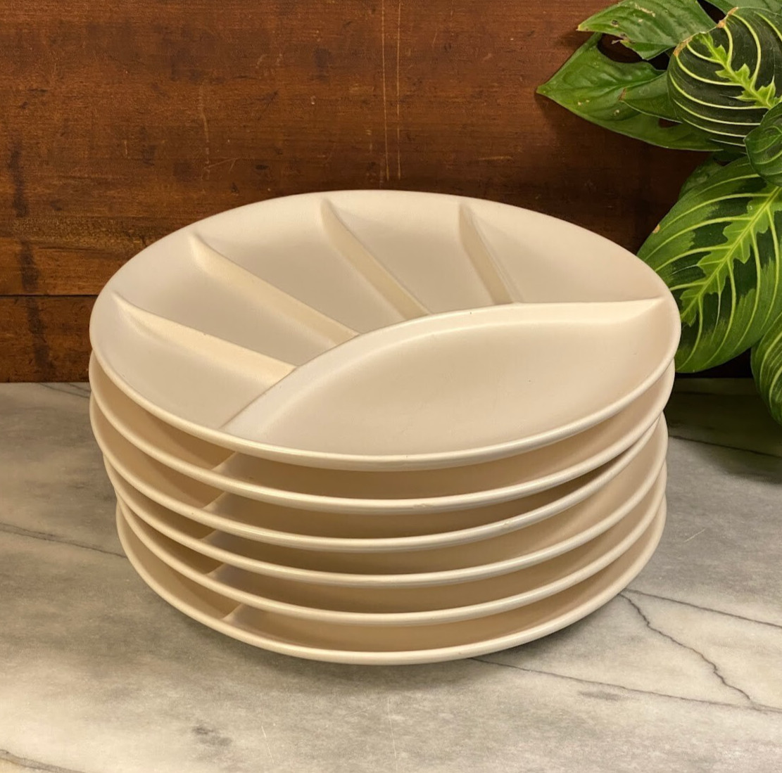 Vintage Japanese White Ivory Stoneware 9″ Divided Round Plates ~ Set of 6