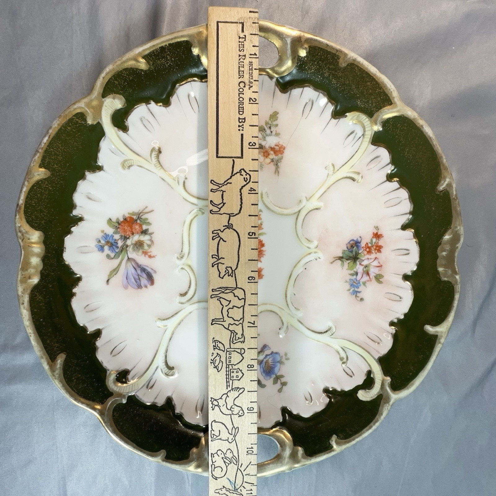 Antique Victorian Handled Cake Plate Pattern 930 Forest Green Stipple Gilt 10.5″