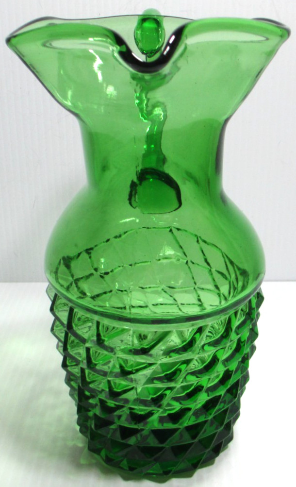 Vintage Glass Pitcher Emerald Green Diamond Point Cocktail Barware 7 7/8″ Tall