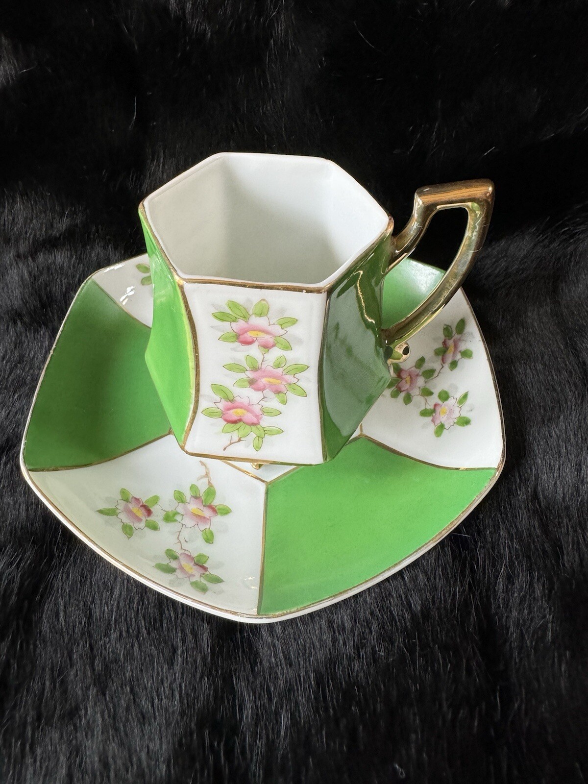 Green Floral Occupied Japan 3 Footed Hexagon Demitasse Tea Cup & Saucer