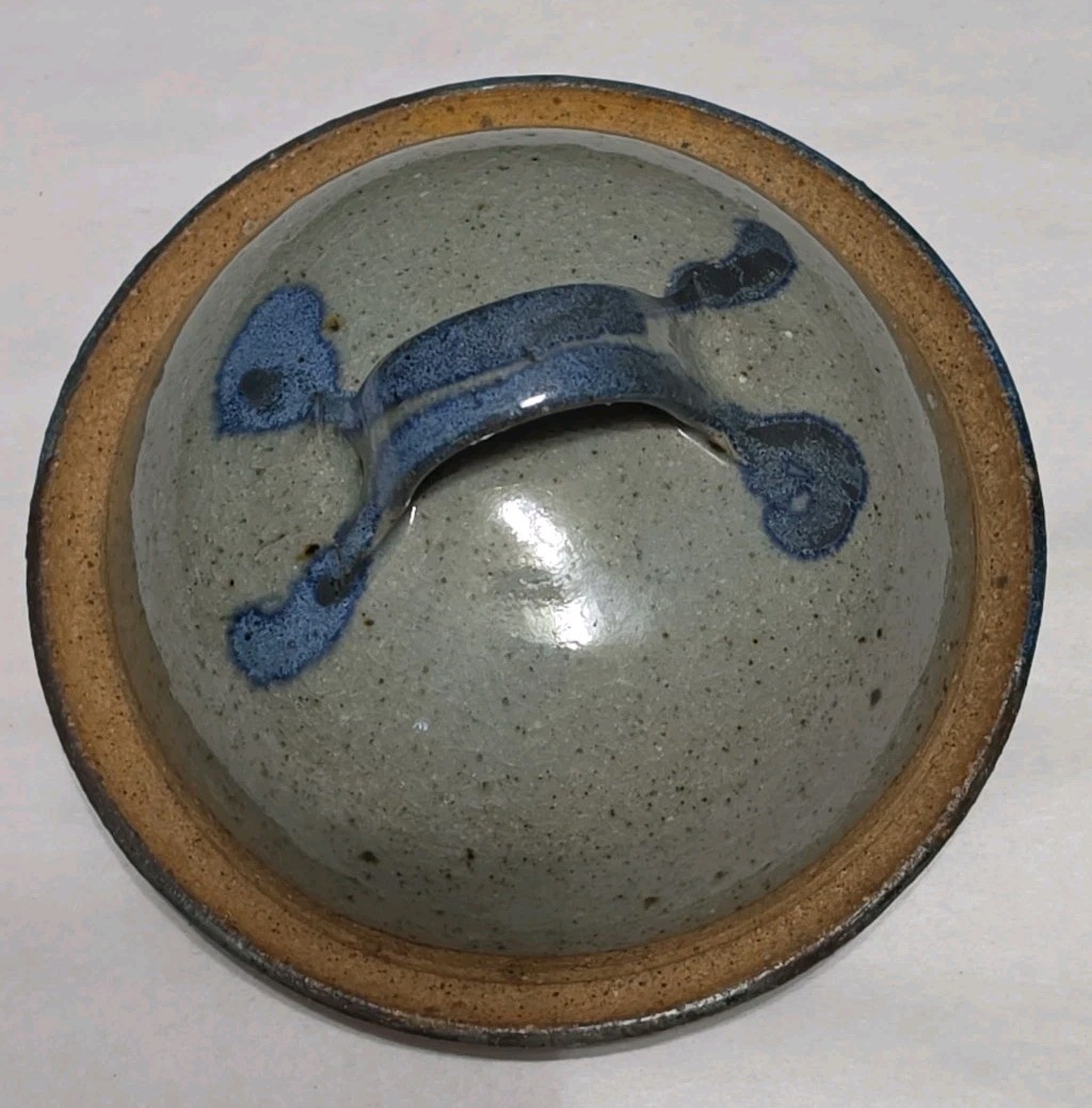Artist Hand Thrown Pottery Lidded Butter Dish Round 6.5″ Artisan Gray Blue Tan