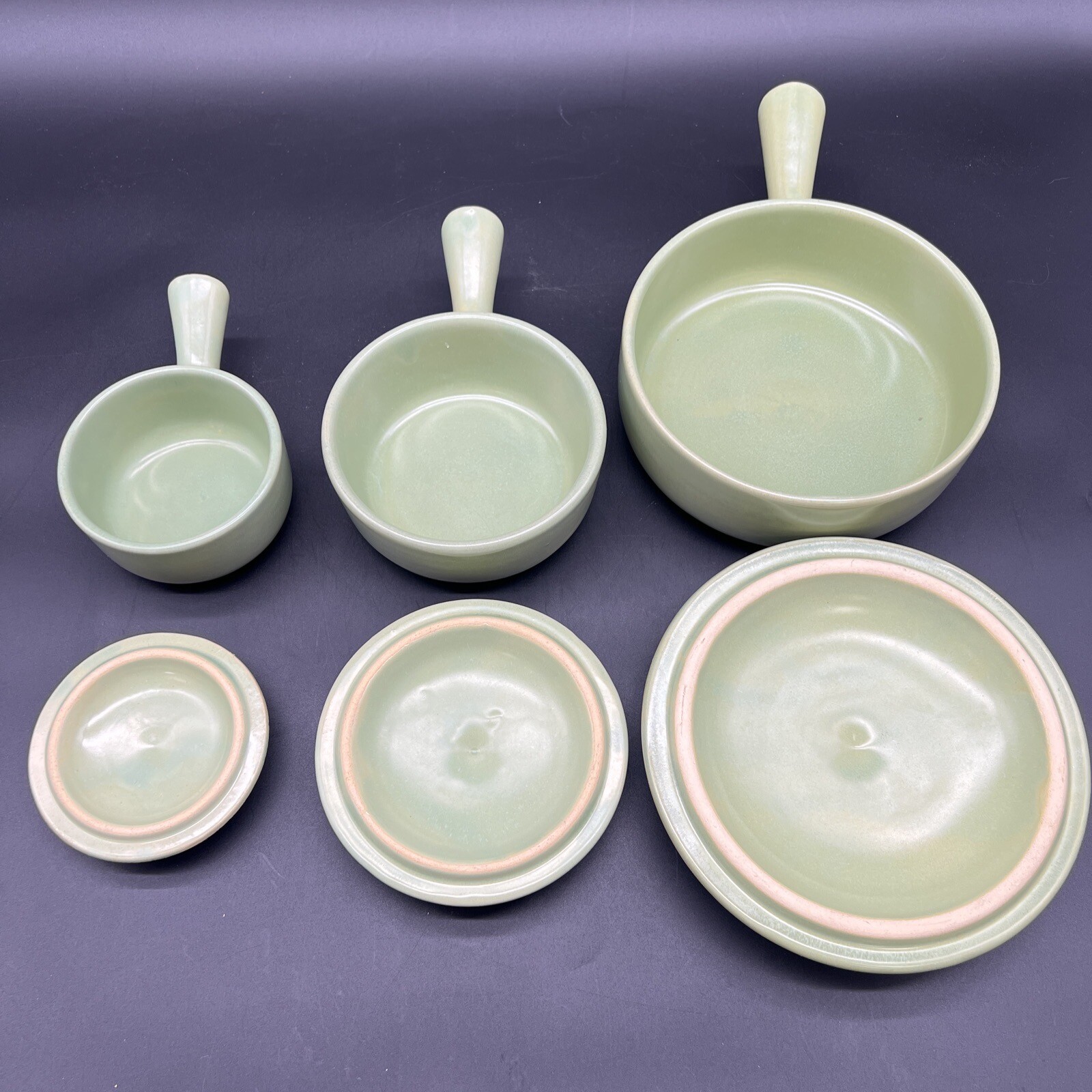 Vtg MCM La Solana Pottery Mint Green Set Of 3 Round Casserole Bowls Pots Lids