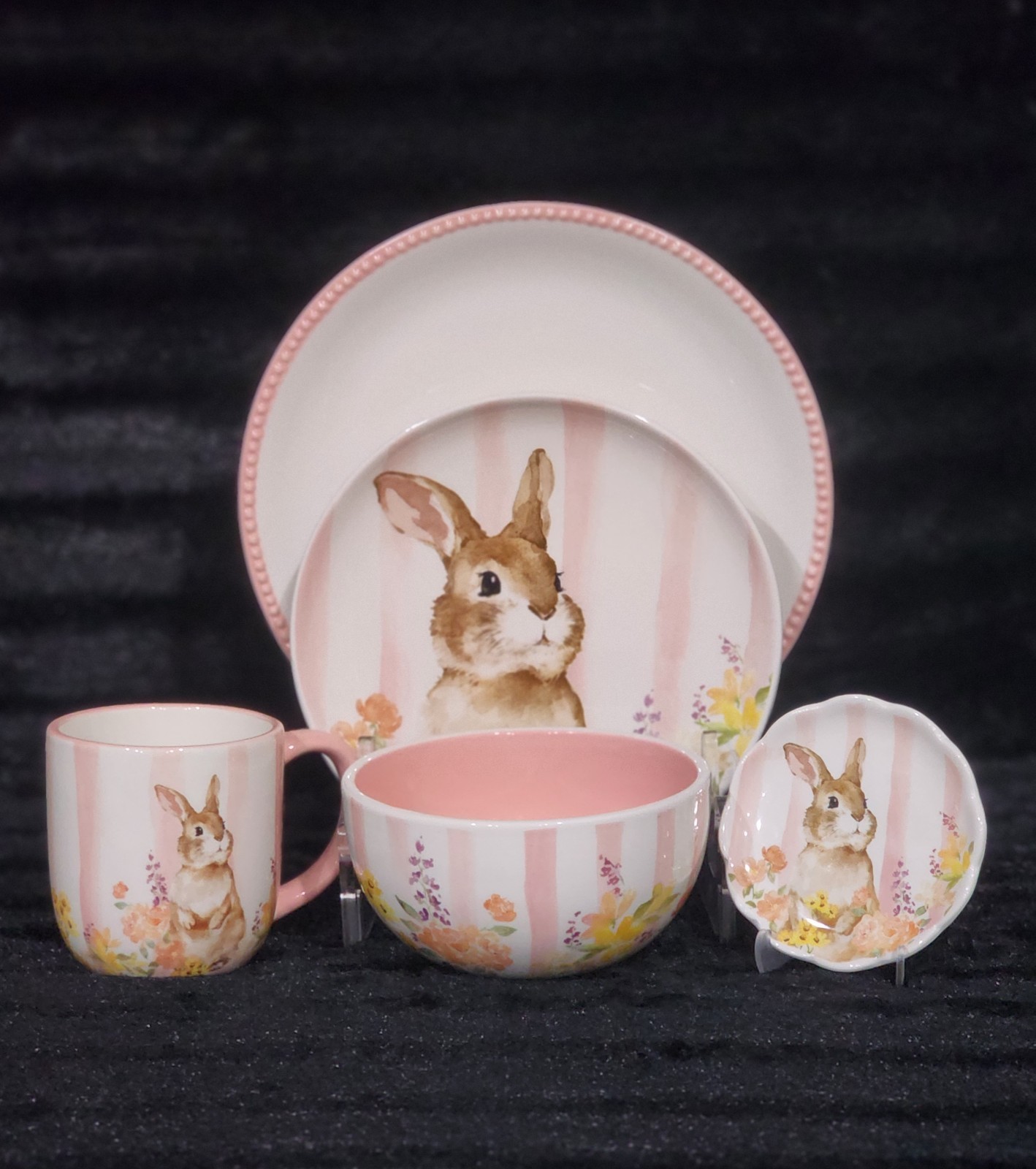 4 Pink White Floral Bunny Striped Tidbit Plates 4.4″ Ceramic Easter Watercolor