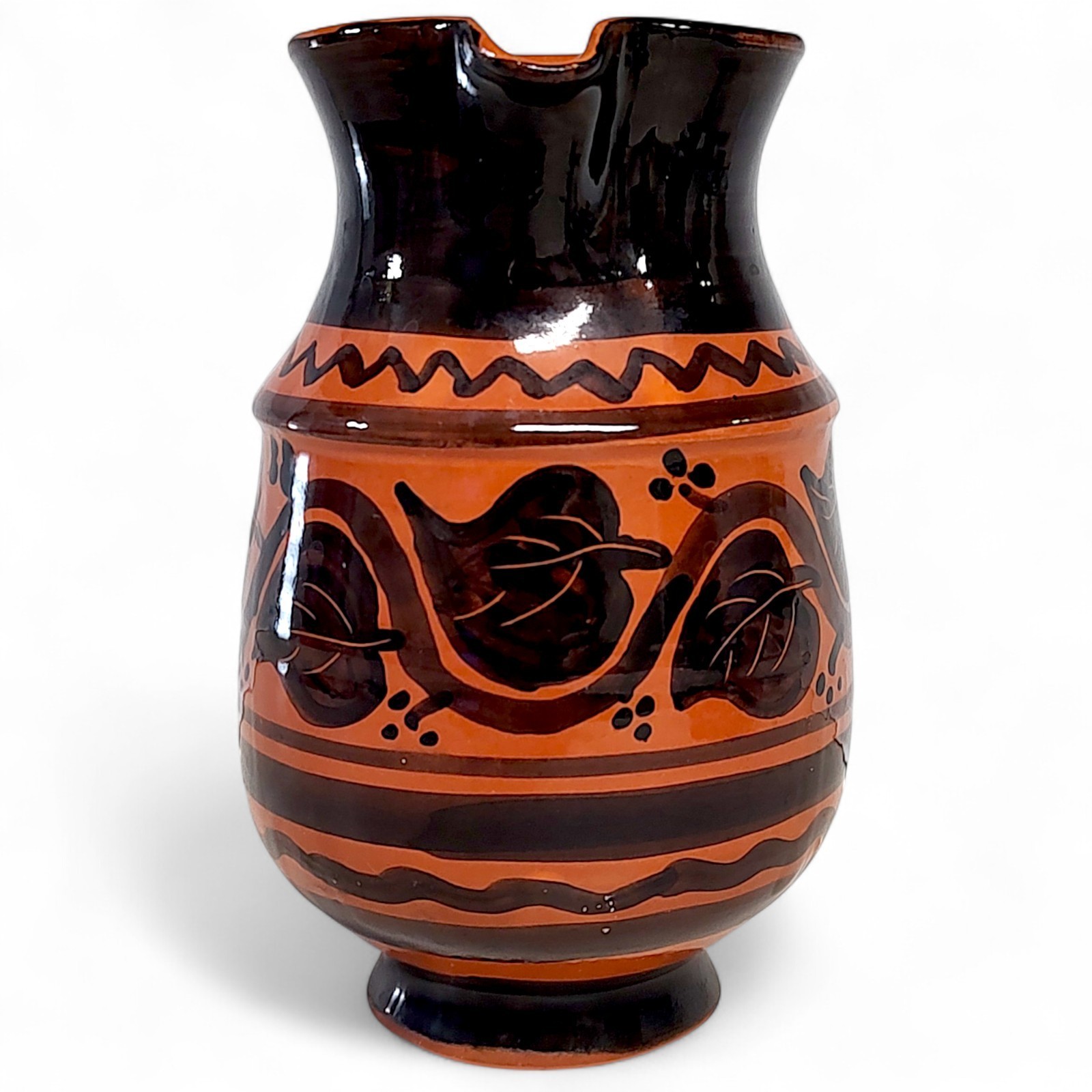 Hand Thrown Terracotta Glazed Pottery Pitcher Orange/Black Hand Painted 6″