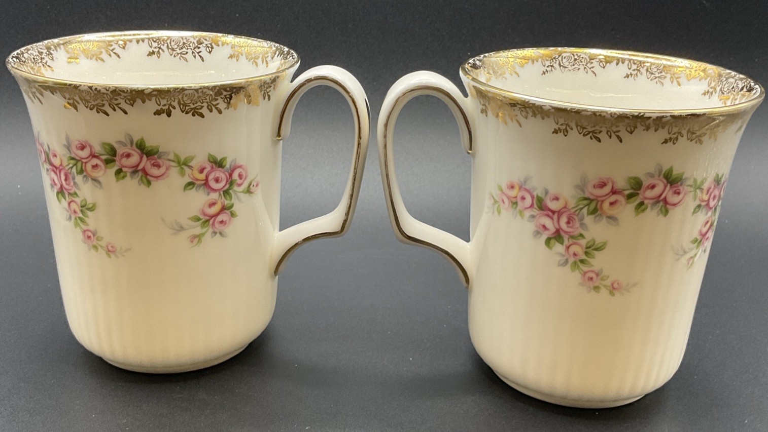 Royal Albert Dimity Rose Ribbed Mug Pink Rose Garland/Gold Set Of 2 Read
