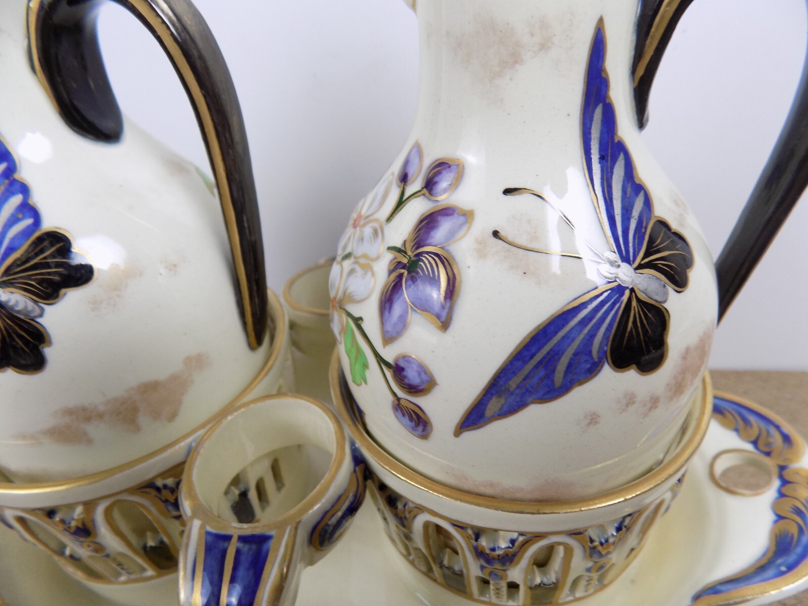 Antique Keller & Guerin Luneville Cruet Set Butterfly & Flower France