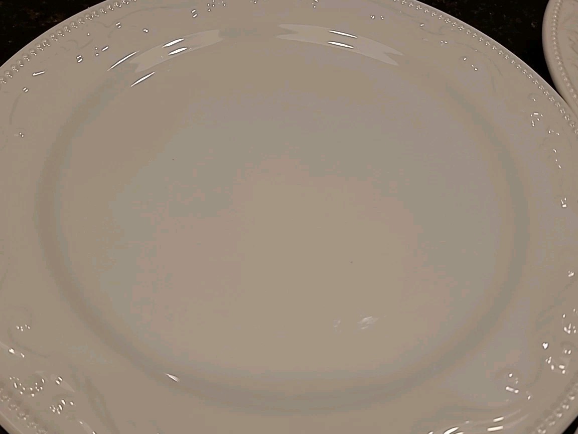 SET (3) Mesa International 11 7/8″ Dinner Plates. White Embossed Dots & Scrolls