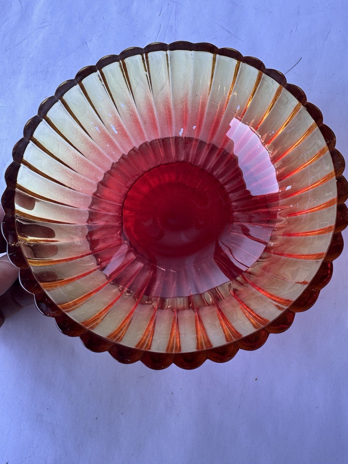 Vintage Amberina Glass Covered Candy Dish Pedestal Compote Ribbed Server Dish