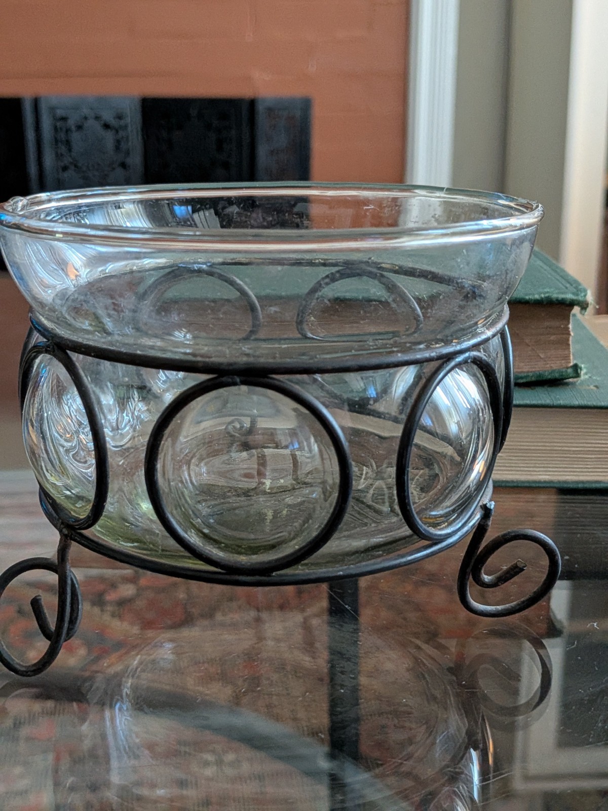 Vtg Blown Bubble Glass & Metal Caged Bowl Studio Welded Metal Frame 90s Art