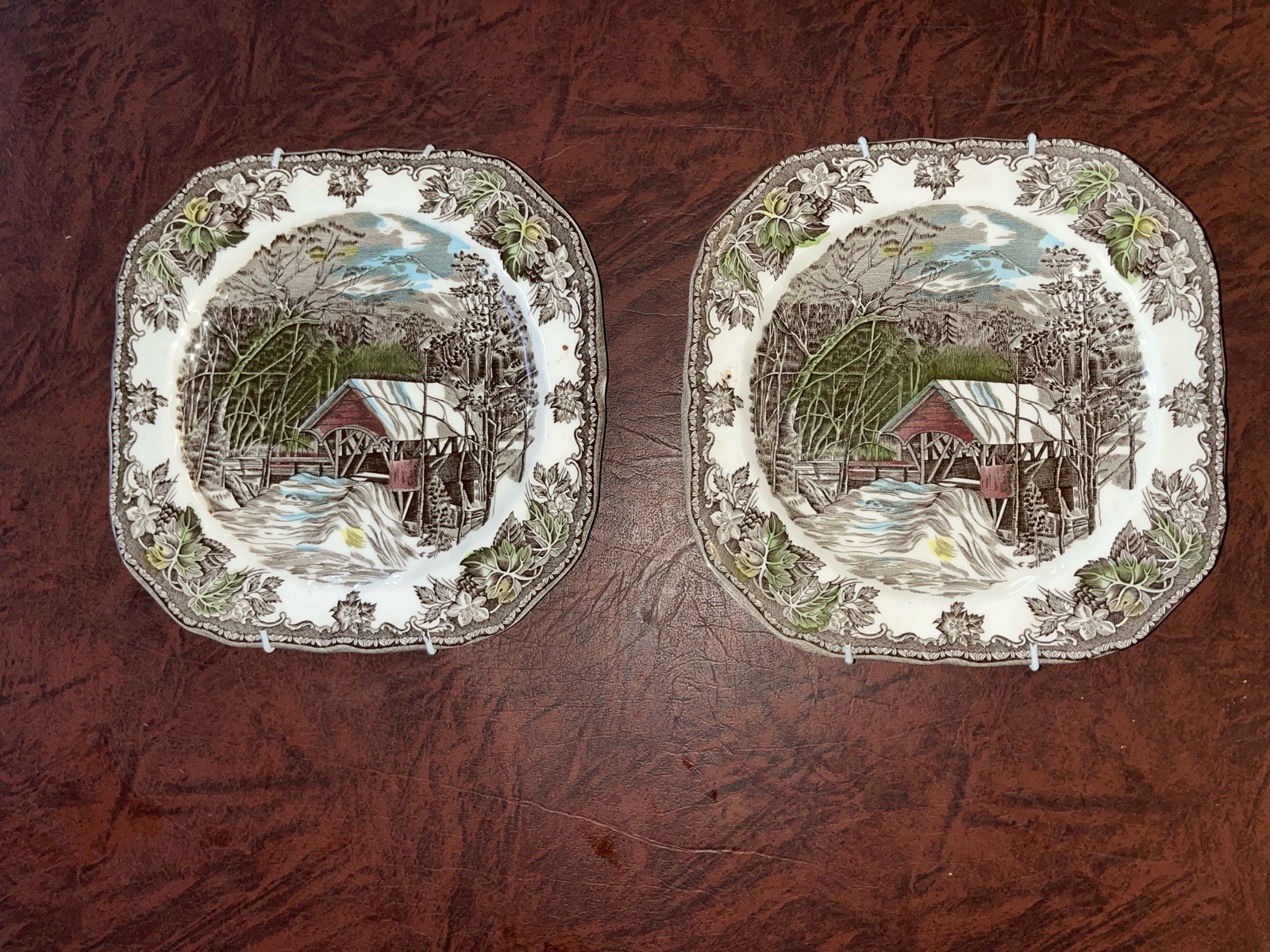 Covered Bridge Friendly Village Plates Square Johnson Bros England 7.5 Pair EUC