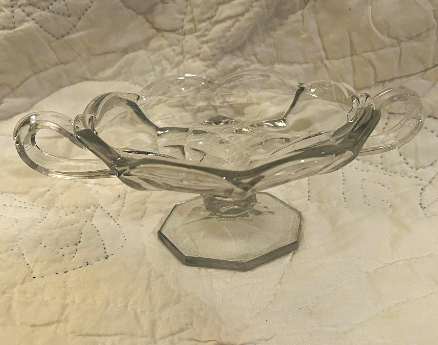 Clear Glass Pedestal Compote Bowl w/ Side Handles, Round, 7in Dia x 4in