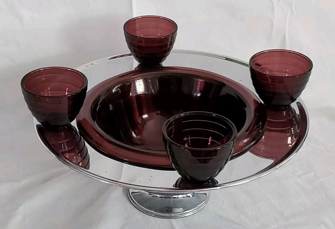 Vtg 30’s Hazel Atlas Purple Amethyst Punch Bowl Chrome Art Deco Moderntone Cups