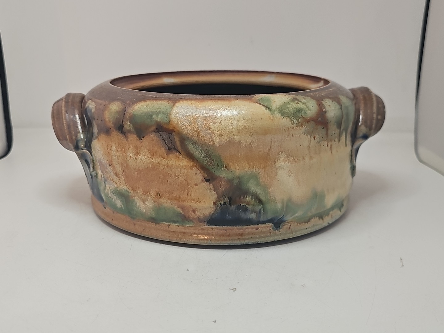 Hand Thrown Art Pottery Stoneware Casserole No Lid Brown Glaze Flowers Signed