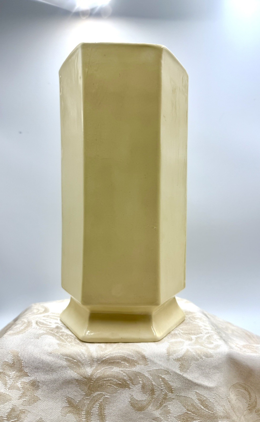 Beautiful Art Deco Yellow Hexagon Pedestal Vase 9.5” Tall