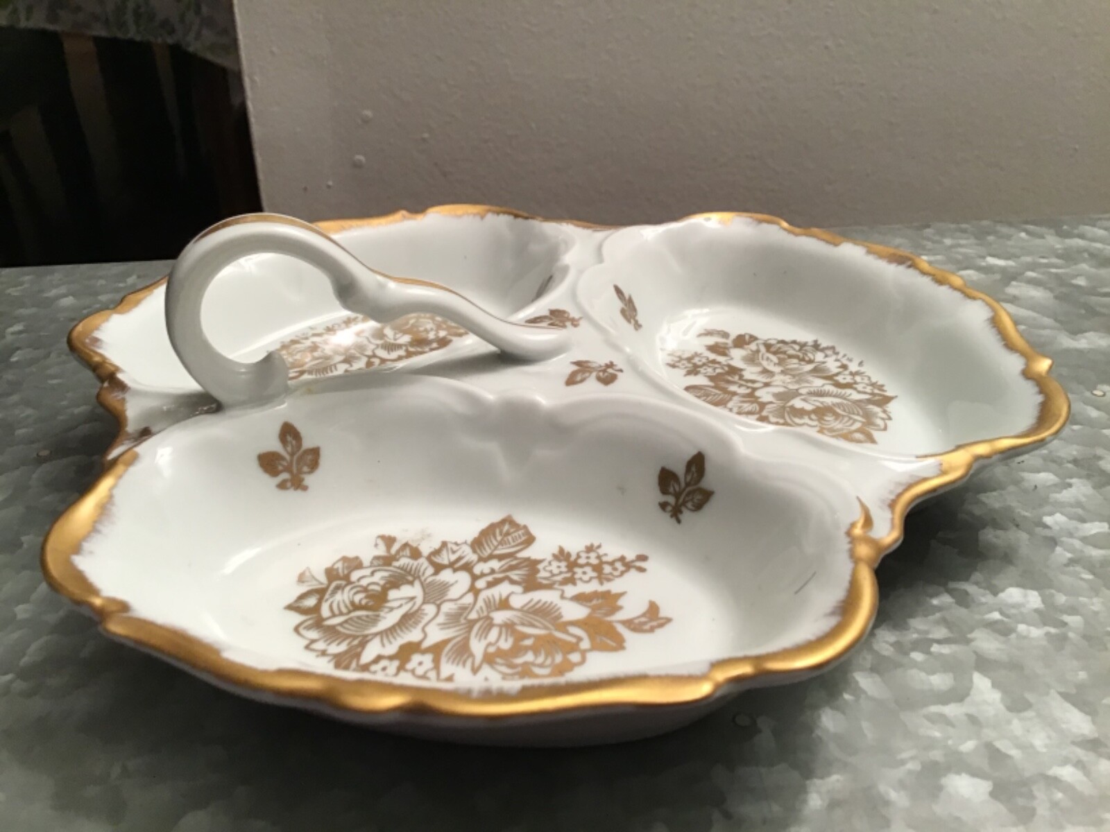 Vintage Fonde en 1789 Gold trim Porcelain Serving Dish Hand Painted in France