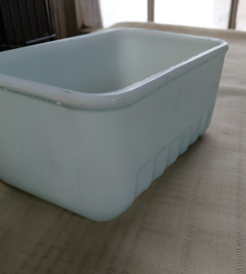 vintage turquoise glasbake refrigerator dish 6”
