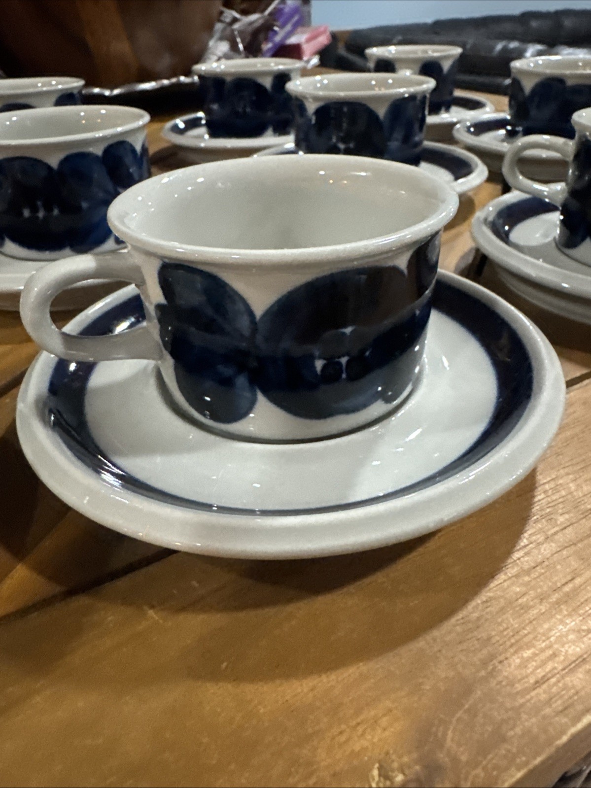 Set Of 12 Arabia Finland Anemone Blue Coffee Tea Mug Cups & Saucers 3 1/2″ Rare