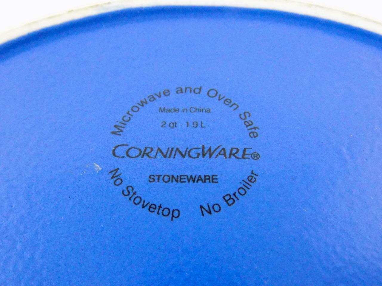 CorningWare Stoneware 2 QT Casserole Dish with Lid Blue Outer White Inner V GOOD
