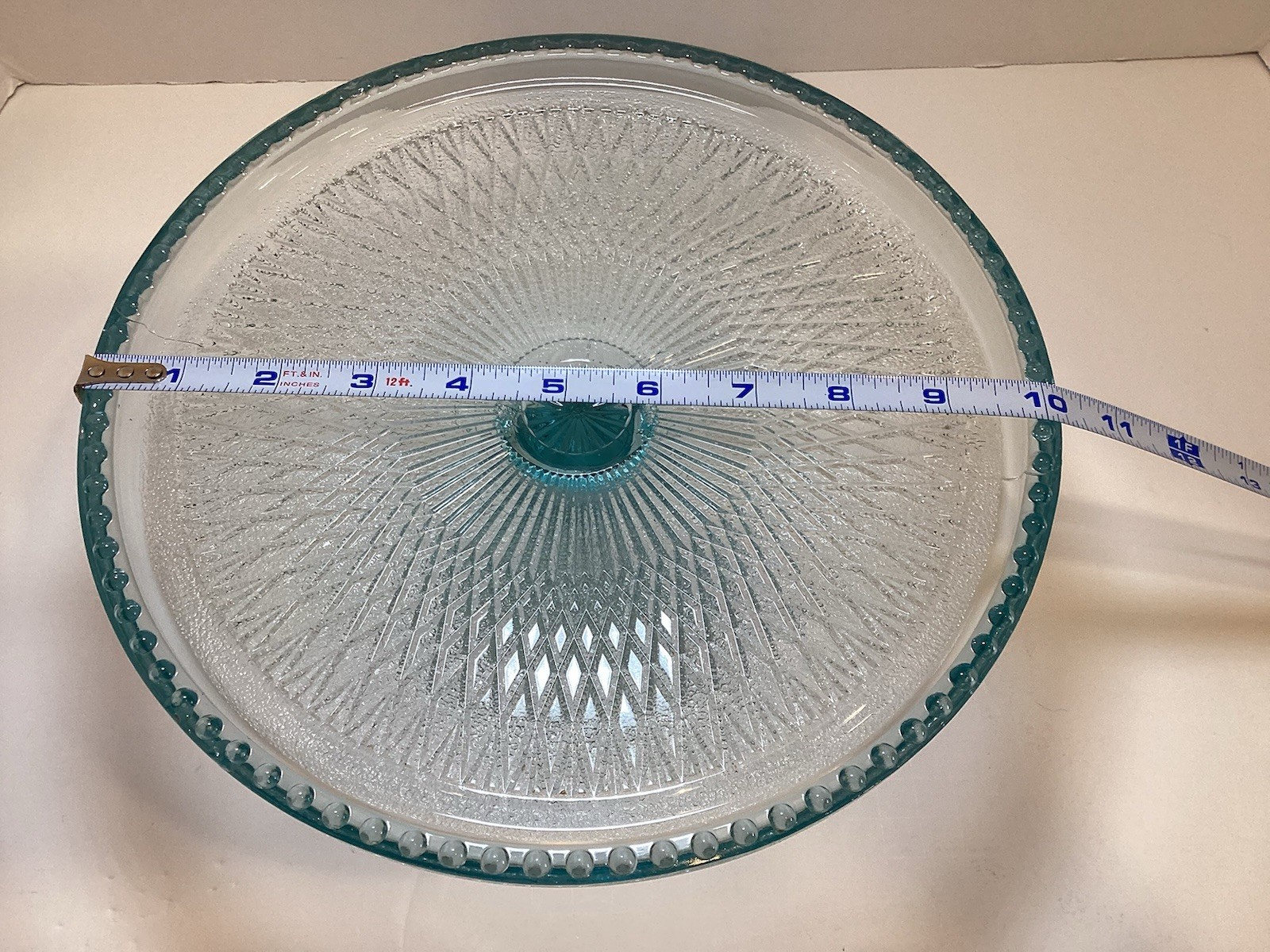 Jeannette Ice Blue Glass Harp Beaded Edge Pedestal Cake Stand 10” **READ**
