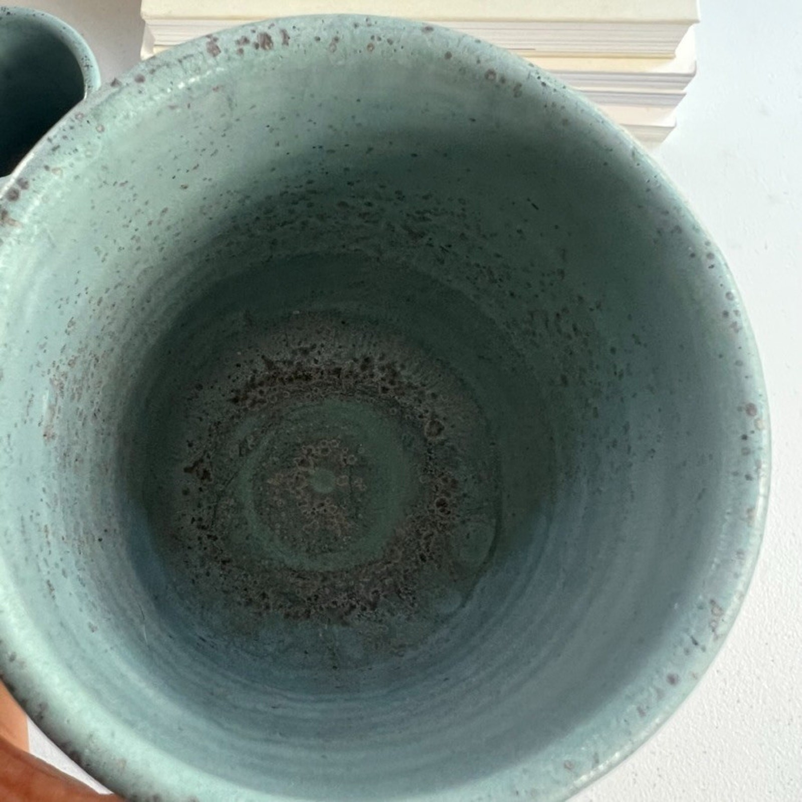 Unmarked Stoneware Tumbler Cups Speckled Blue Etched Tree Design Set of 2