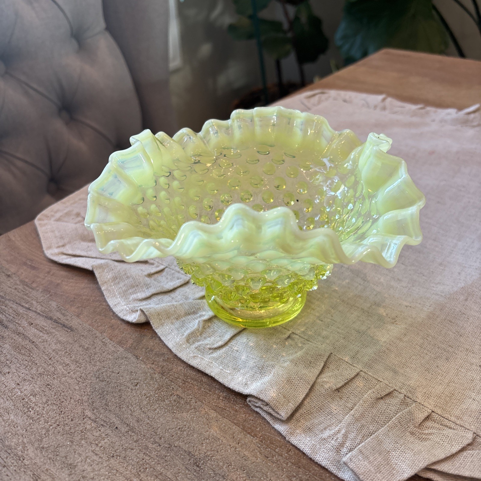 Fenton Vaseline Glass Topaz Opalescent Hobnail Bowl Ruffled Edge 7”
