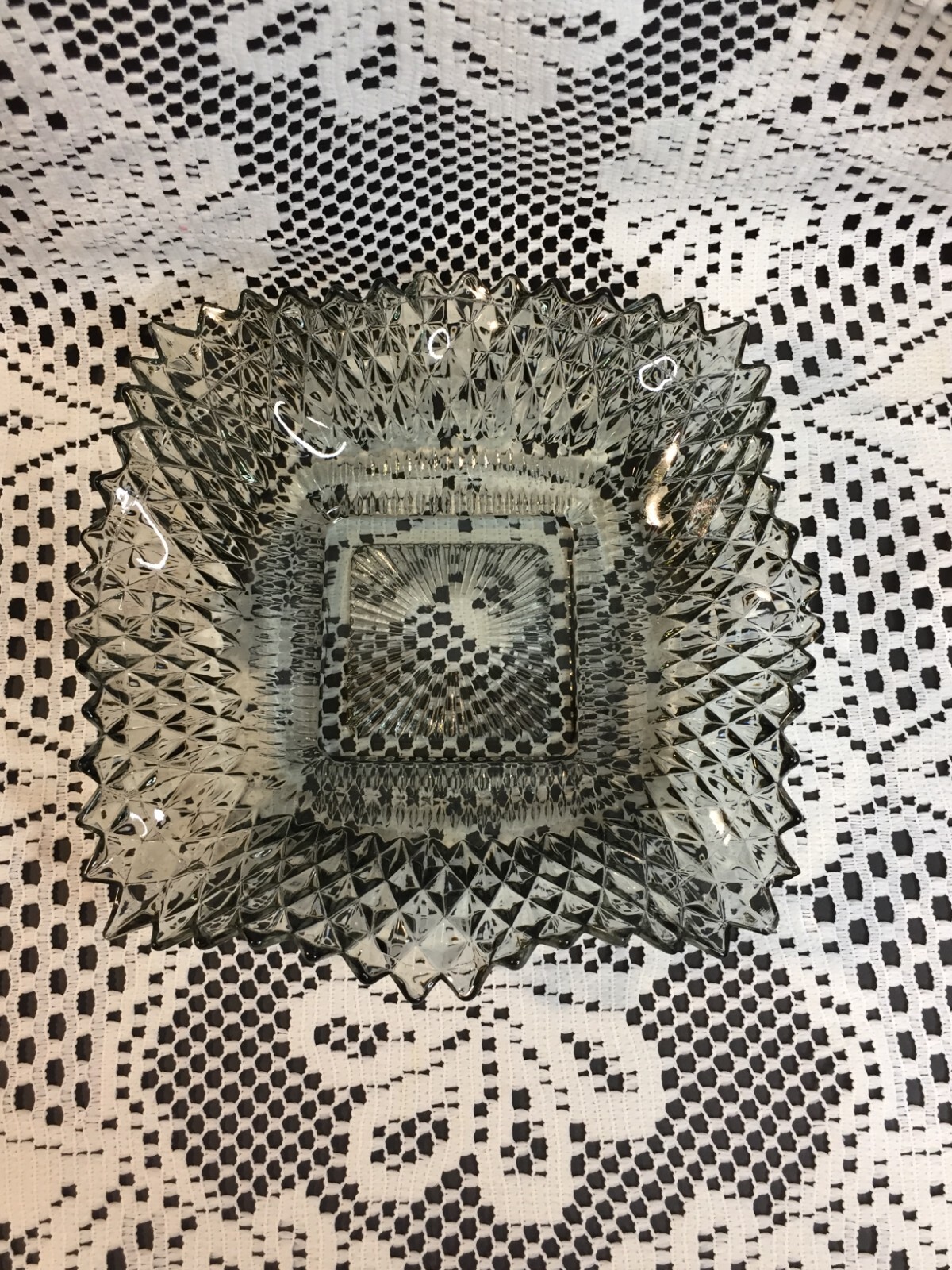 Light Gray Clear Glass Candy Bowl Square Serving Dish with Pointy Edges Vintage