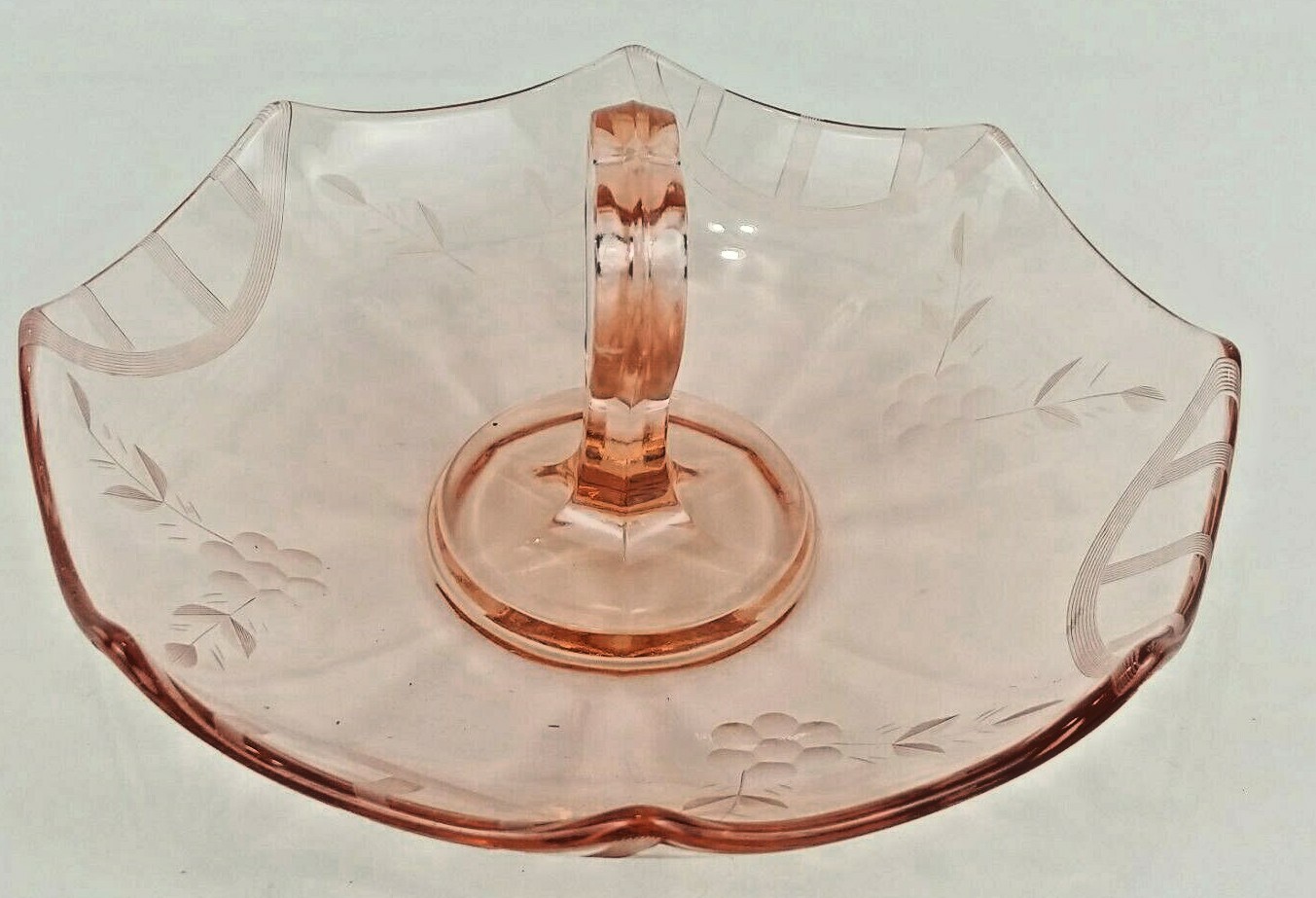 Pink Depression Etched Heart Shaped Handle Candy Dish Compote