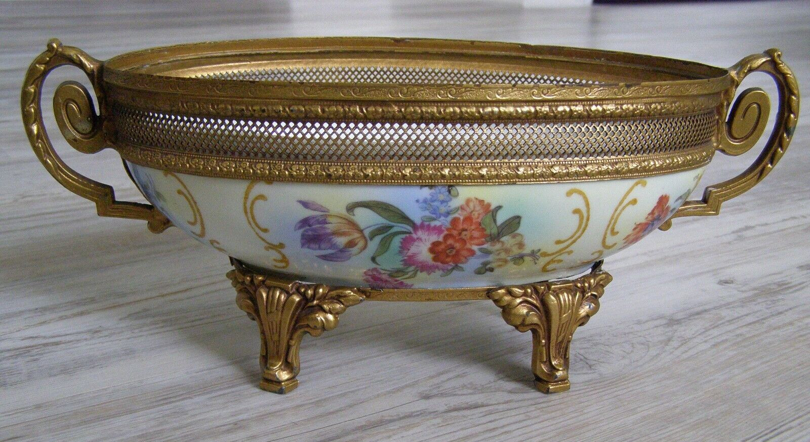 Antique Karlovy Vary Porcelain Serving Dish Gilt metal base bottom stamped #23