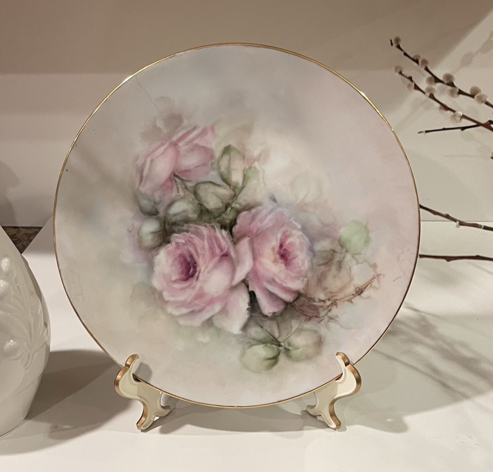 Hand Painted Plate Pink/Green Floral Roses Gold Rim Signed J. Deeter 10”