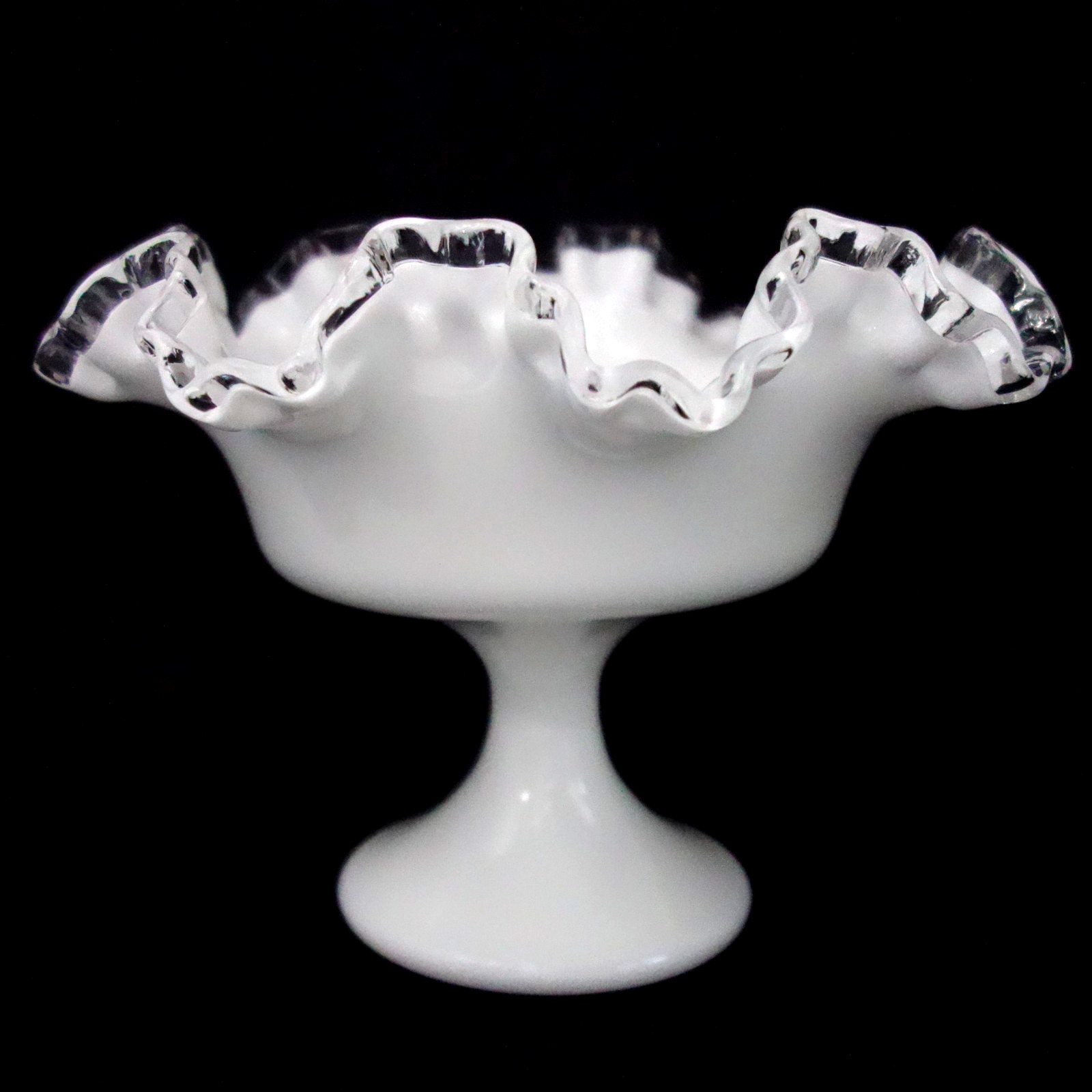 Vintage Fenton Silver Crest Milk Glass Footed Pedestal Bowl Ruffled Edge 6″ Tall