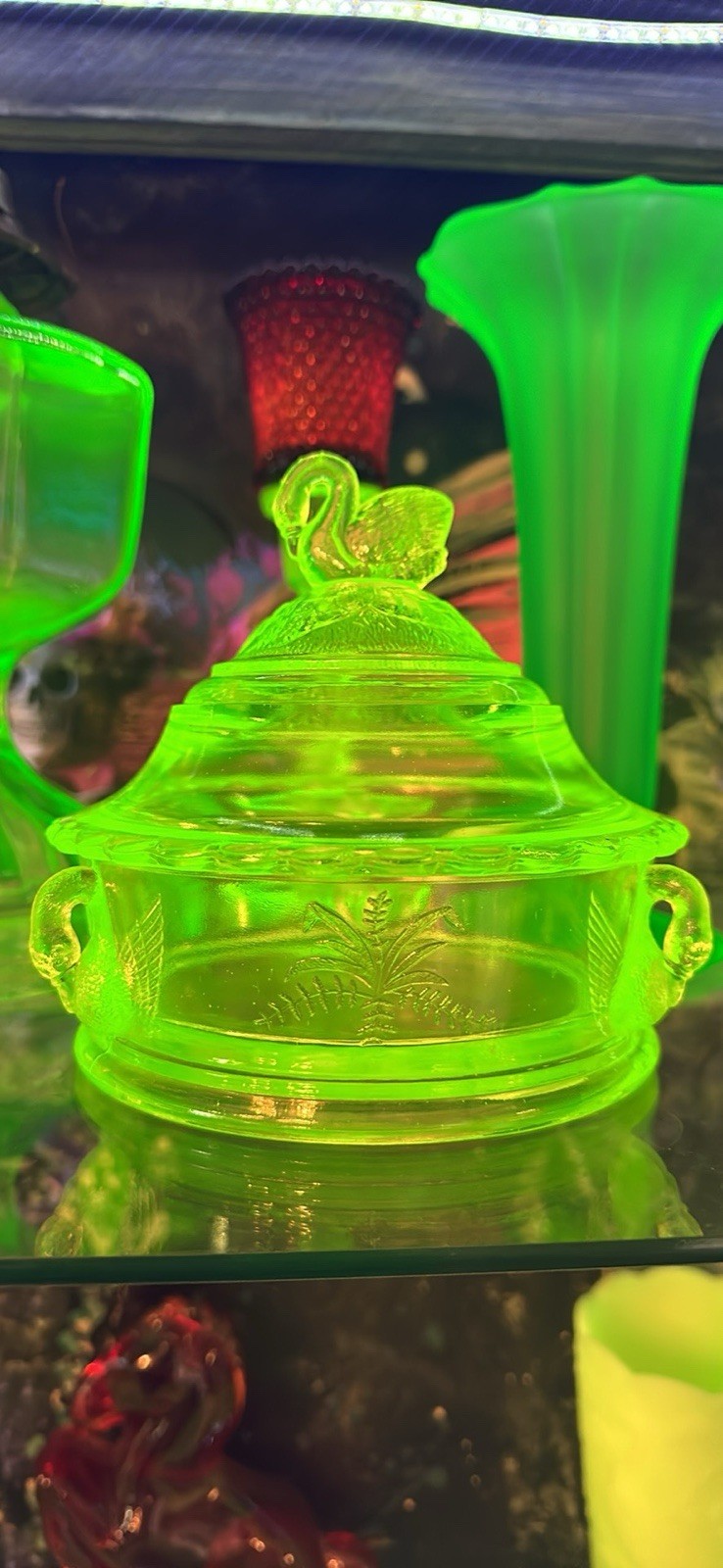 Vintage Westmoreland Vaseline Uranium Glass Swan on Lid Candy Dish 6” Yellow
